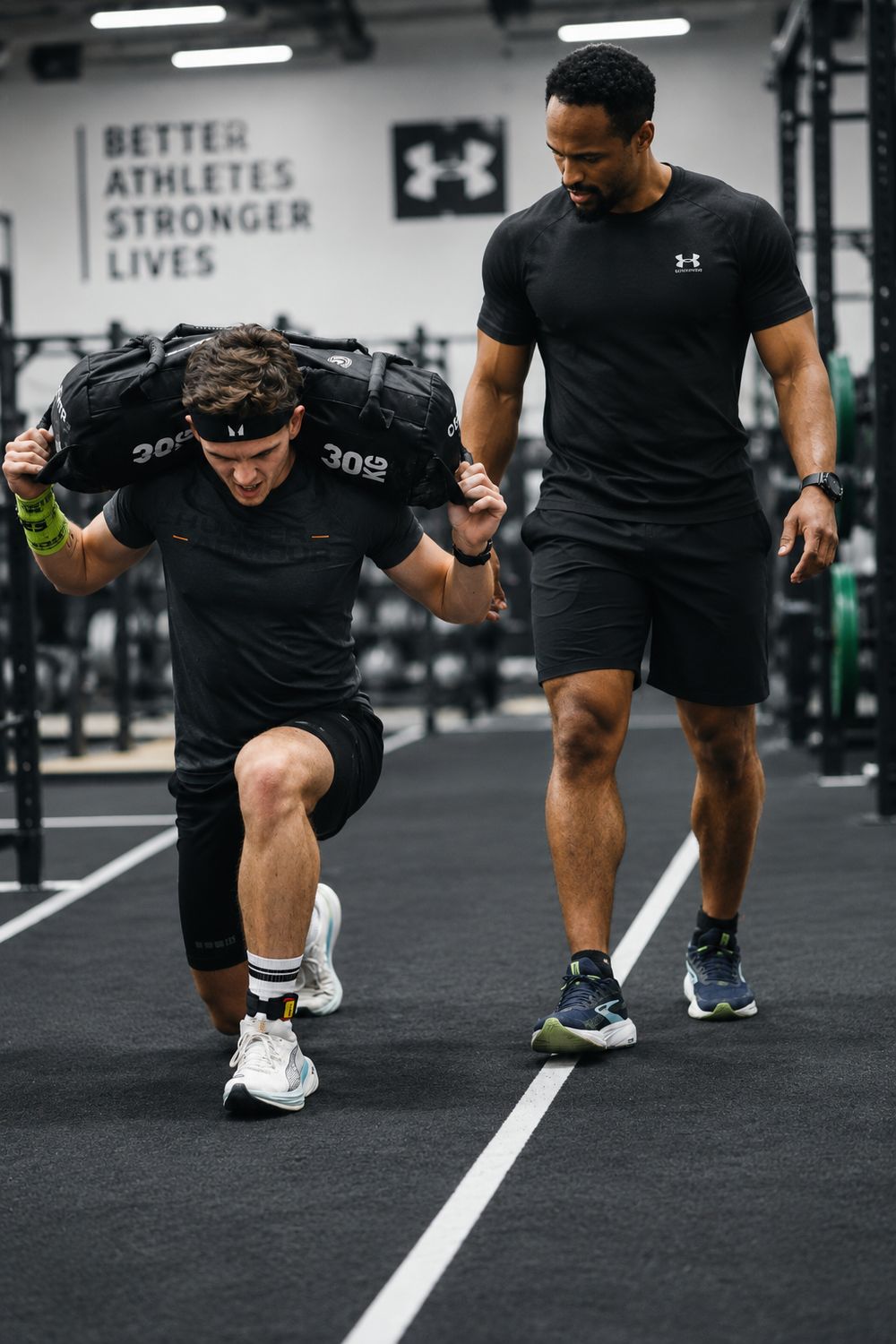 Chike coaching a client through a sandbag carry